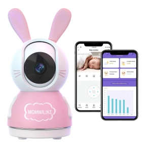 MOMWILIKE A.I. Smart-Babyphone mit Gesichtsbedeckungserkennung, Schrei- und Schlafüberwachung (Pink Bunny)